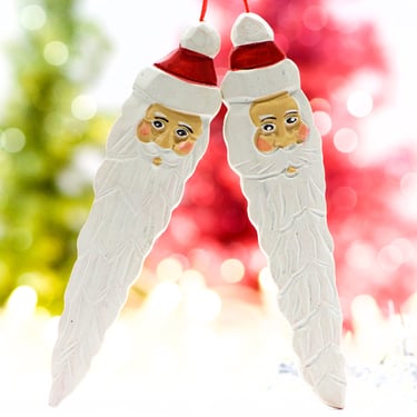 VINTAGE: 2pcs - 6" Large Hand Carved Wooden Ornaments - Christmas Santa Ornaments - Hand Painted Ornaments - SKU 00029626 