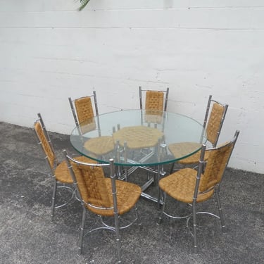 Hollywood Regency Chrome Glass Top Dining Dinette Table with 6 Chairs 4900
