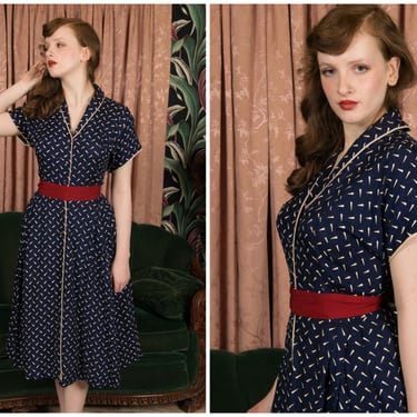 1950s Dress - Vintage 50s Fully Lined Navy Blue and White Button Front Day Dress 