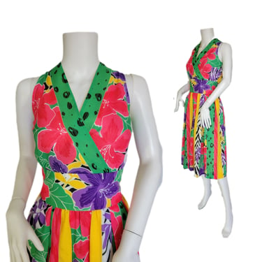 1980's Green Pink Jungle Print Sun Dress I Sz Med I Poly Cotton Blend I Tiger Stripe 