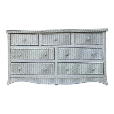 Coastal Wicker Draped Serpentine Dresser With Glass Top 