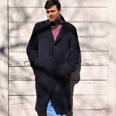 Vintage 1980s Boss Hugo Boss Overcoat, Navy Blue Wool/Cashmere, Cold Weather Topcoat, 38R Men 