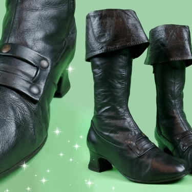 Pilgrim granny gogo boots. WICKED vintage 60s english mod unique cuffed boots. Big buckle. Black supple leather. (Size 8) 