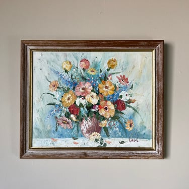70's Vintage Kimble Still Life Oil Painting W/ Flowers on a Vase, Framed 