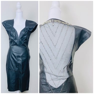 1980s Vintage Climax David Howard Black Leather Dress / 80s Sheer Back Beaded Cap Sleeve Wiggle Gown / Medium 