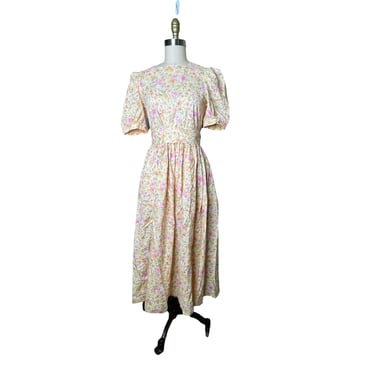 Vintage 80s 90s Laura Ashley Yellow Floral Cottagecore Prairie Dress Size 8 