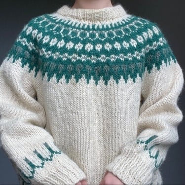 Vintage Hand Knit Green White Fair Isle Nordic Style Wool Scandinavian Sweater L 
