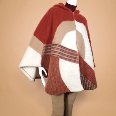 Geo abstract 1970s poncho vintage furry fluffy hooded zip-up hippie colorblock rusty red earthtones mcm pattern (OS) 