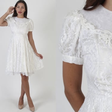 White Jessica McClintock Dress, All Over Lace 1980's Gunne Sax Dress, 80s Romantic Deco Style, Vintage Mini Frock, Tag Size 16 