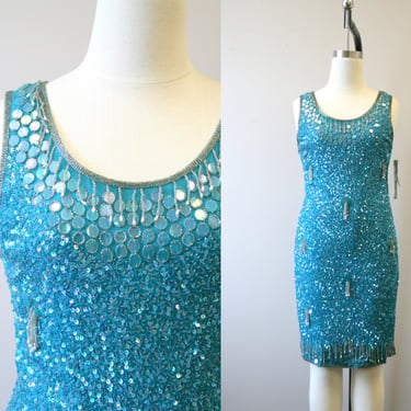 1990s NOS Scala Turquoise Sequin/Beaded Cocktail Dress 