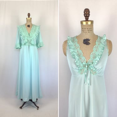 Vintage 60s Negligee set | Vintage Italian nightgown and robe set | 1960s Lionella aqua peignoir set 