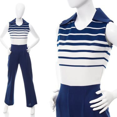 Vintage 1970s Jumpsuit | 70s Nautical Sailor Striped Blue Wide Leg Polyester Knit Jumpsuit (small) 