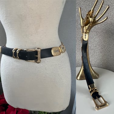 Vintage black leather belt gold silver tone links cougar tiger theme Sz S/M fits 28-32” 