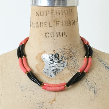 vintage 1950s Murano glass necklace • MCM multi-strand coral & black art glass tube bead necklace 