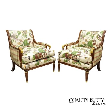 French Regency Style Floral Print Mahogany Frame Club Lounge Chairs - a Pair