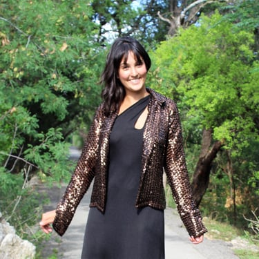 Sequin Jacket, Vintage 1980s, Helene Sidel, Metallic Brown, Small Women, evening jacket 