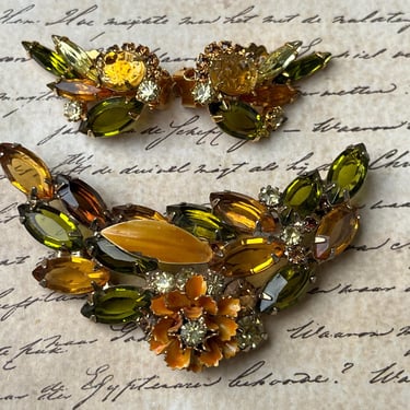 citrine jeweled brooch vintage 1950s navette spray pin and earrings 
