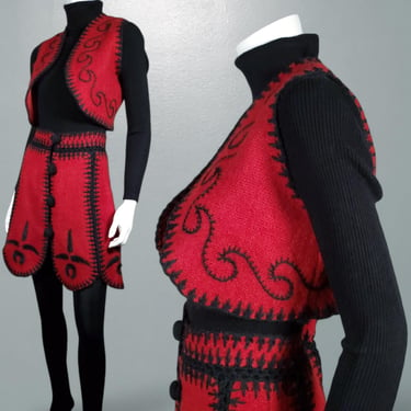 Unique mod skirt set 1960s vintage gogo mini skirt short bolero vest red wool black crewel stitching one of a kind novelty (28 waist) 