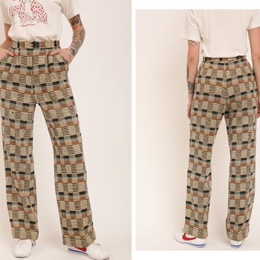 Vintage 1970s 70s Wool Checkered Pendleton High Waisted Wide Leg Flared Weight Hem Pants Trousers Slacks 