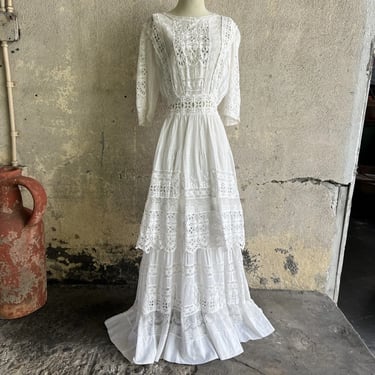 Antique Edwardian White Embroidered Lace Tea Dress Bridal Wedding Vintage