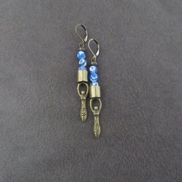 Blue Tibetan agate and bronze goddess earrings 