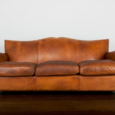 1930s Traditional French Art Deco Mustache Back Club Sofa W/ Original Brown Leather 