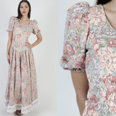 80s Rose Garden Floral Print Dress, Vintage Prairie Country Farm Outfit, Homespun Party Maxi 