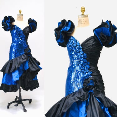 80s Prom Dress with Blue Sequins Ruffles Size XS Small// Vintage 80s Pageant Dress Size XS Small Blue Black Alyce Designs Drag Queen 