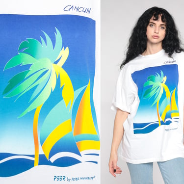 Peter Mussfeldt Cancun Shirt Sailboat Tshirt 00s Peer Palm Tree Shirt Graphic T Shirt Vintage Tropical Beach 2000s White Extra Large xl 