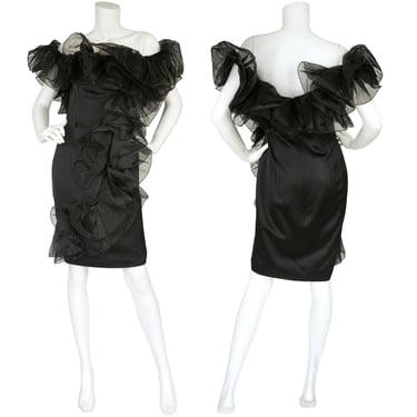 Angelo Tarlazzi 1980s Vintage Dramatic Satin and Organdy Ruffle Cocktail Dress 