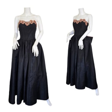 1950's Strapless Black Taffeta Pink Sequin Gown Dress I Sz Med I B: 38