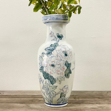 Tall Asian Style Pastel Vase | Chinoiserie | Floral | Grandmillenial Style | Chinese | Thai | Flowers | Ceramic Pottery | White 