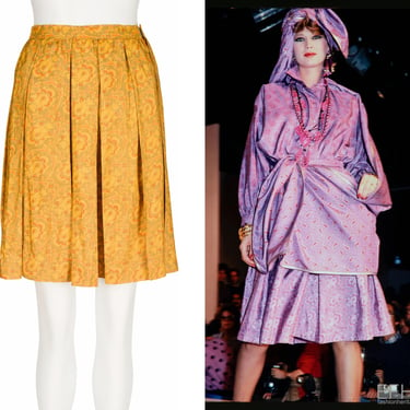 Yves Saint Laurent 1981 S/S Vintage Floral Mustard Raw Silk Pleated Skirt Sz XS 