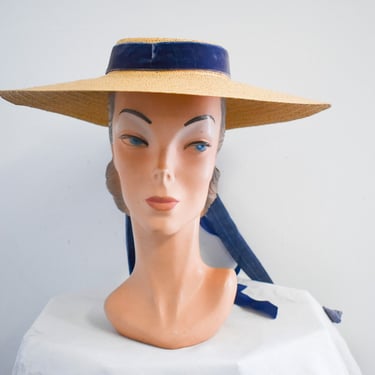 1930s Wide Brim Natural Straw Hat with Blue Velvet Ribbons 