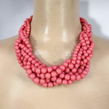 VINTAGE 50s 60s Coral Braided 6 Strand Bead Necklace | 1950s 1960s Mid Century Beaded Gumball Multi Strand Twist Bib Necklace Jewelry | VFG 