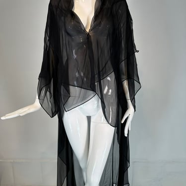 Sheer Black Silk Chiffon Kimono Robe Négligée Lingerie