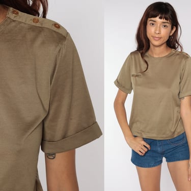 Brown Pocket Shirt Plain Cuffed TShirt 80s T Shirt Button Shoulder Top Vintage Normcore Basic Shirt 1980s Small Medium 