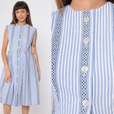 60s Blue Striped Dress Pleated Dress High Waisted Midi Button Up Party Pin Up 1960s Vintage Cap Sleeve White Geometric Tea Length Small 