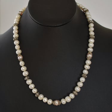 70's sterling pearls edgy elegant necklace, 925 silver pink & white pearls matinee length necklace 