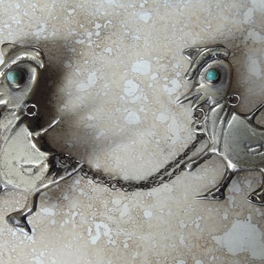 Vintage Mexico Silver Duck with Cane and Turquoise Eye Sweater Guards 