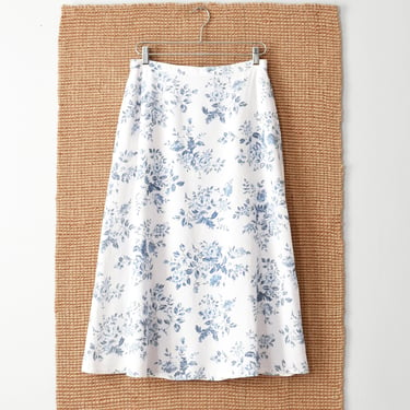 vintage floral linen skirt, 90s long a-line skirt, size l 