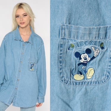 Mickey Mouse Shirt 90s Disney Top Denim Button Up Shirt Mickey Unlimited Chambray Long Sleeve Collared Shirt 1990s Vintage Blouse 26 W 3xl 