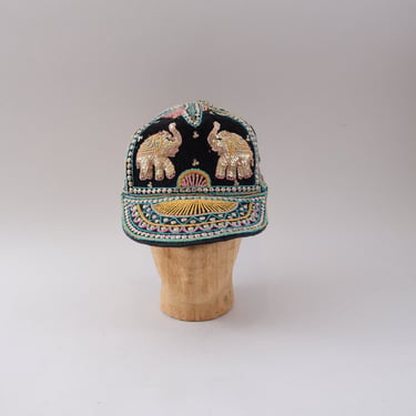 Vintage 90s Elephant Cap Beads Sequin Embroidered Boho Hat Burma 
