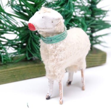 Antique 1930's German 2 Inch Wooly Sheep, for Putz or Christmas Nativity, Vintage Easter, Original GERMANY Collar 