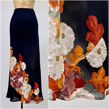 Vintage Harari Maxi Skirt, Black Bias Cut Silk Kimono Inspired Floral Print, 