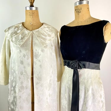 1950s Black and White Dress and Jacket Set/ 50s Two Piece Dress Set / Size XS/S 