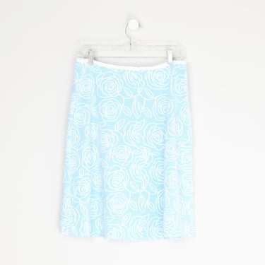 Vintage Y2k Light Blue & White Roses Printed Midi Skirt - 2000s clothes, textured print, pastel - Women's M (31