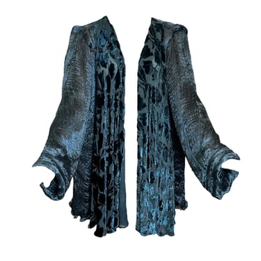 Patricia Lester 80s Silk Pleated &amp; Velvet Teal Evening Coat