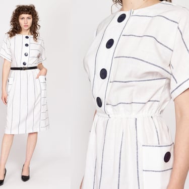 Medium 80s White & Navy Blue Pinstriped Shirtdress | Vintage Short Sleeve Pocket Midi Dress 