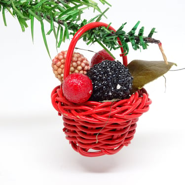 Vintage German Basket of Berries Christmas Tree Ornament, Antique Hand Painted Feather Tree Decor, Germany 